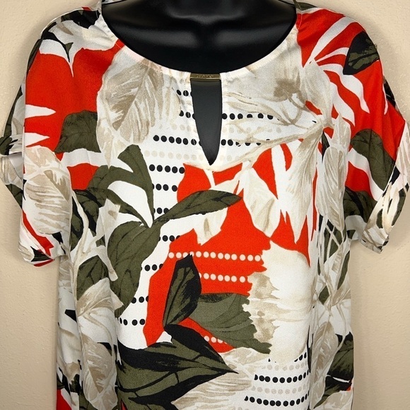 MEDIUM CALVIN KLEIN TROPICAL PRINT SHORT SLEEVE BLOUSE BEIGE RED GREEN LEAF - Picture 8 of 12